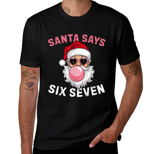 Funny Santa Blowing Bubble Gums Says Six Seven Christmas 67  Fade-proof Color T-Shirt