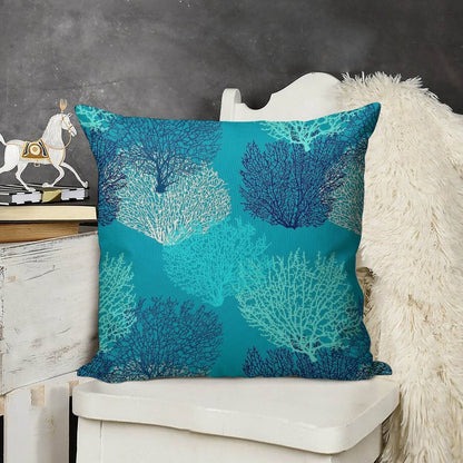 Fan Coral Print, Turquoise, Aqua And Cobalt Blue Linen Throw Pillow Cover
