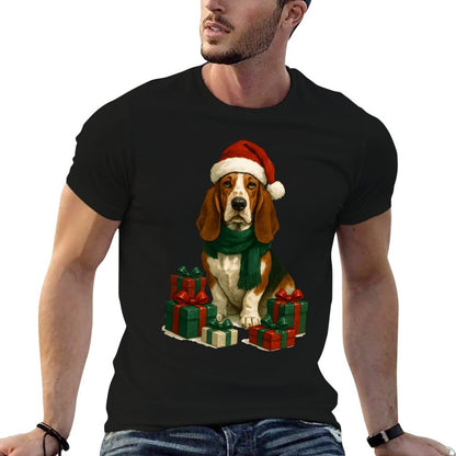 Christmas Basset Hound with Santa Claus Hat, Cute  Cotton T-Shirt