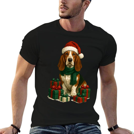 Christmas Basset Hound with Santa Claus Hat, Cute  Cotton T-Shirt