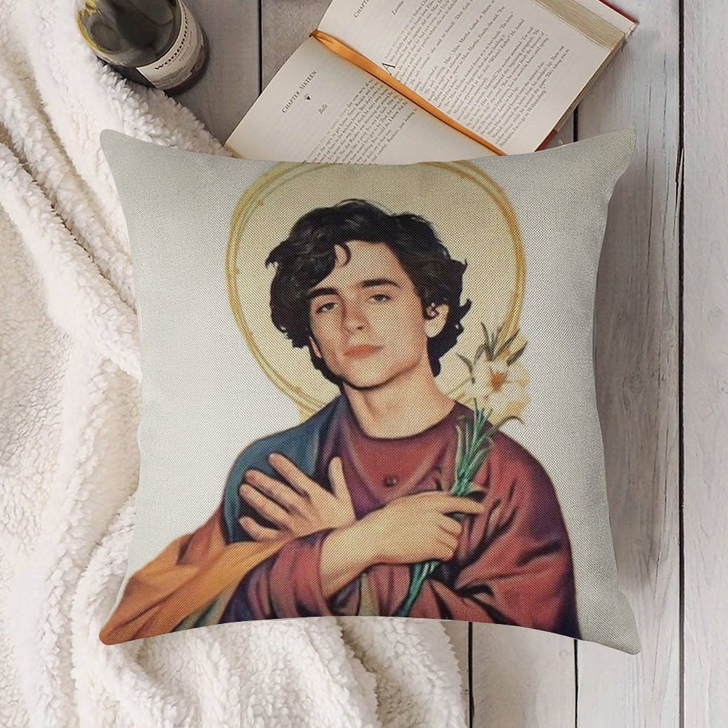Timothee Chalamet SaintGod Sticker Linen Throw Pillow Cover