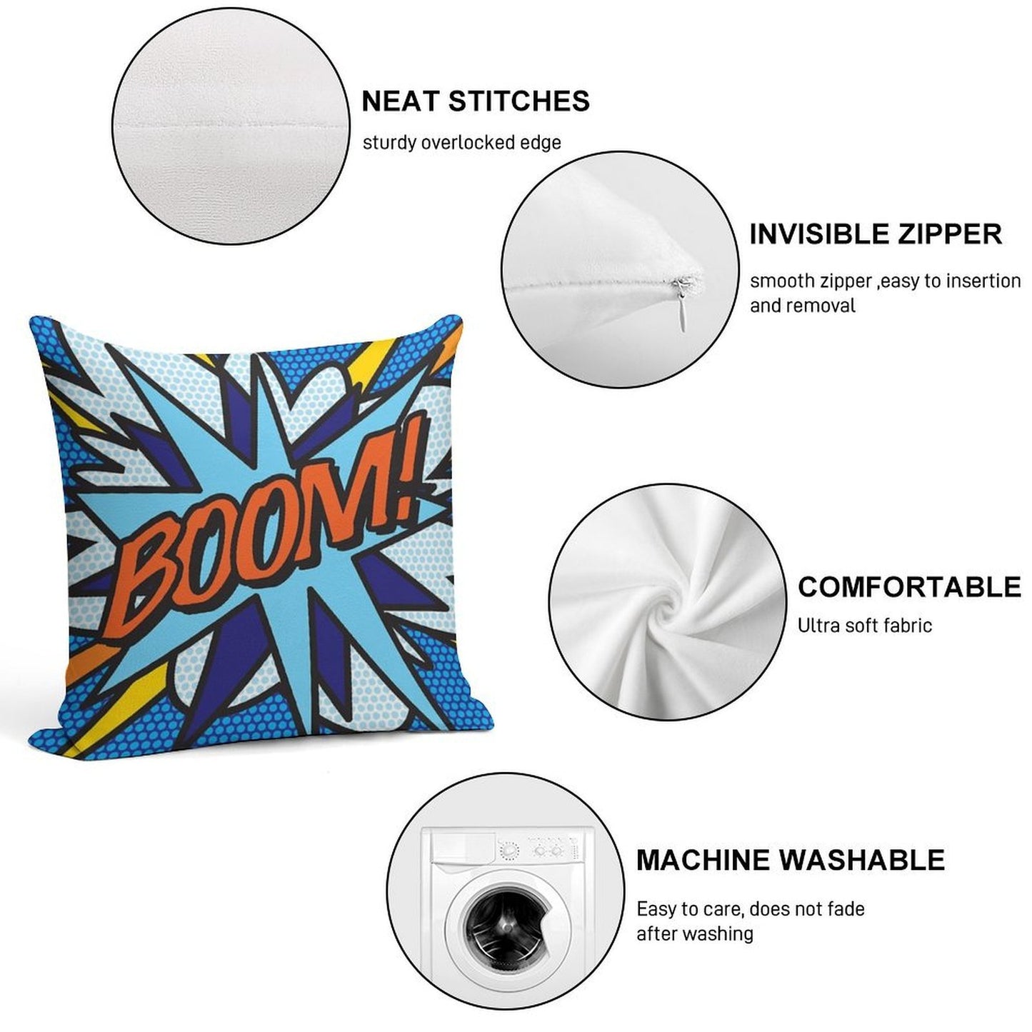 BOOM Comic Book Pop Art Modern Fun Retro Soft Luxury Feel Throw Pillow