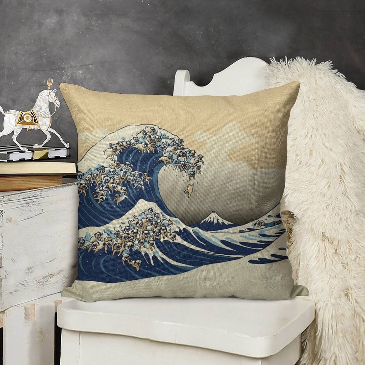 The Great Wave of Pugs Vanilla Sky Linen Throw Pillow Cover
