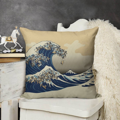 The Great Wave of Pugs Vanilla Sky Linen Throw Pillow Cover