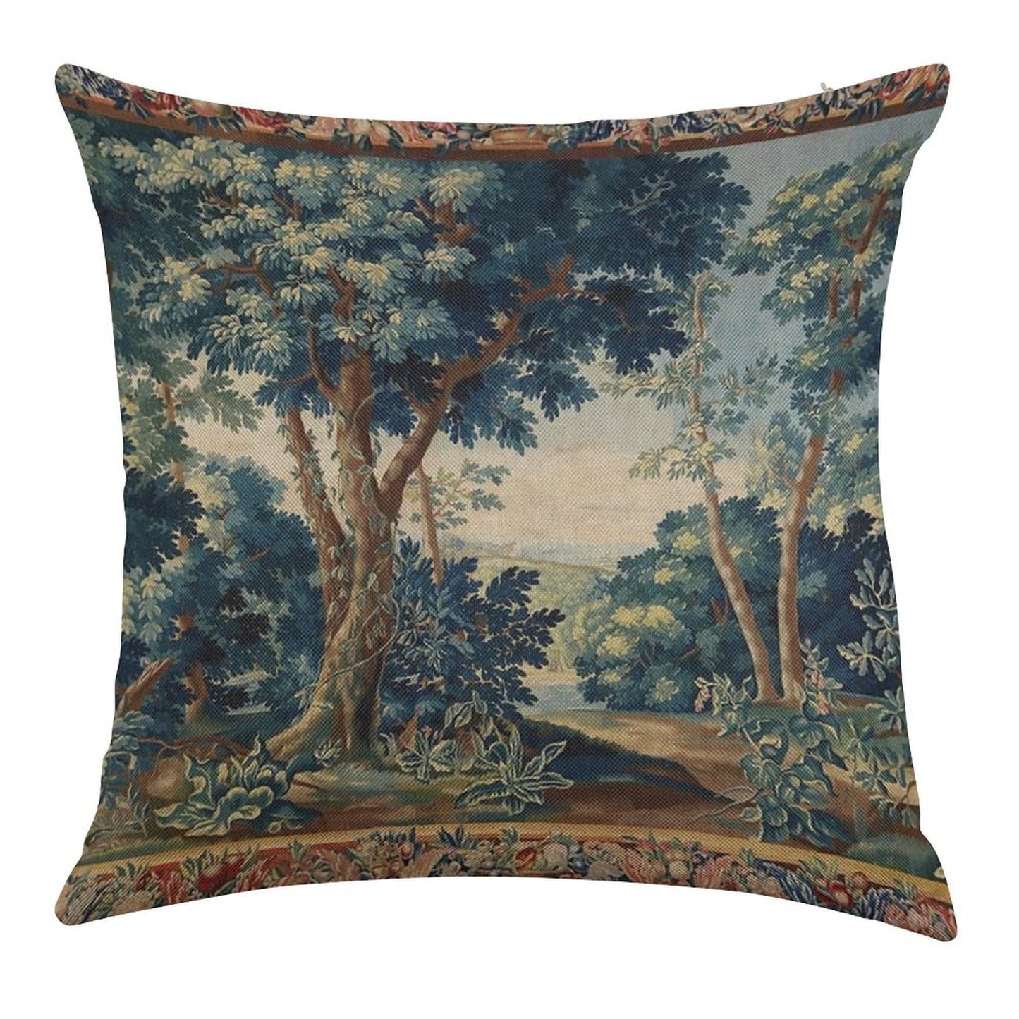 GREENERY, TREES IN WOODLAND LANDSCAPE Antique Flemish Tapestry Linen Throw Pillow Cover