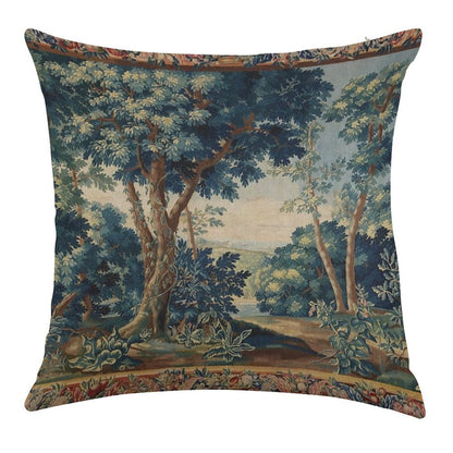 GREENERY, TREES IN WOODLAND LANDSCAPE Antique Flemish Tapestry Linen Throw Pillow Cover