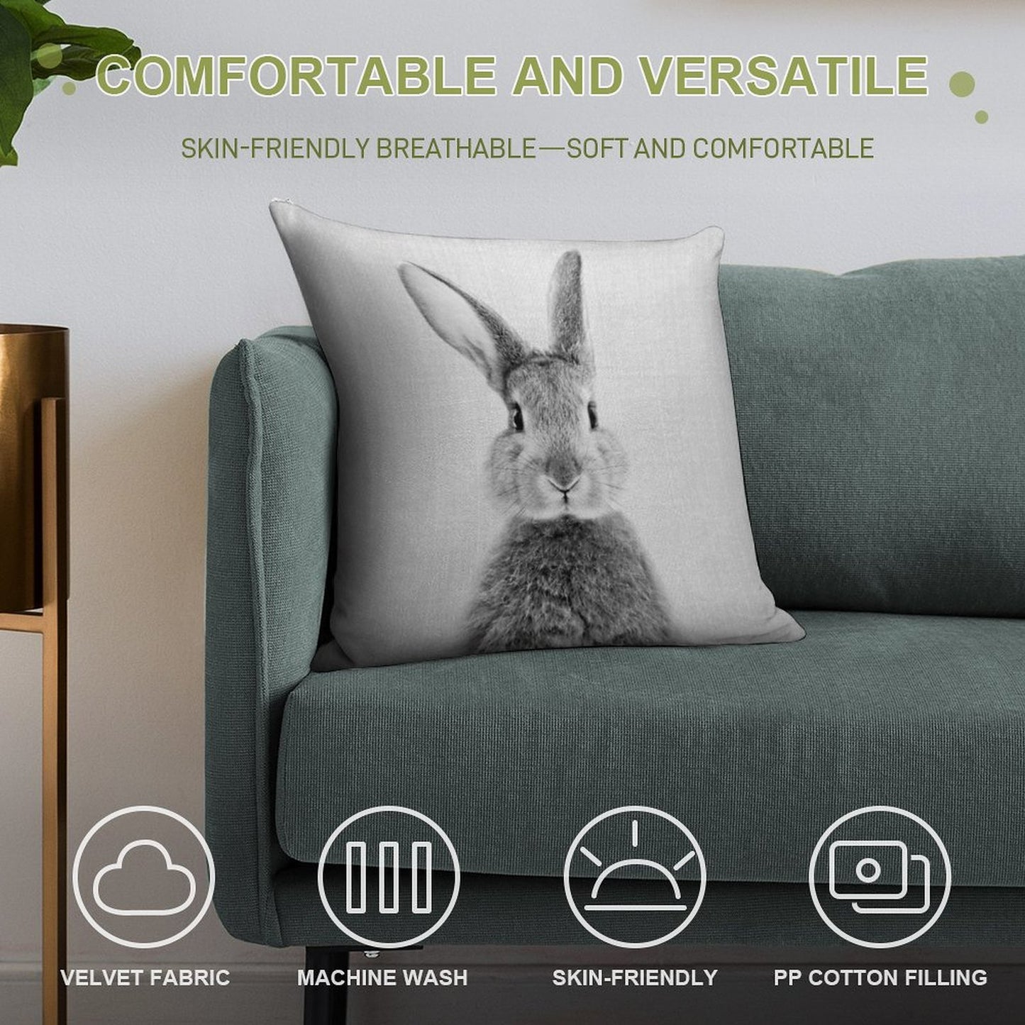 Rabbit - Black & White Soft Fade-Resistant Throw Pillow