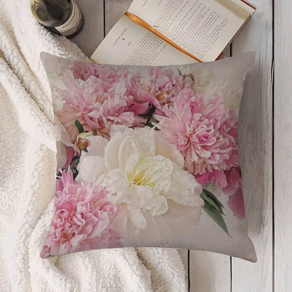 Peonies Linen Throw Pillow Cover