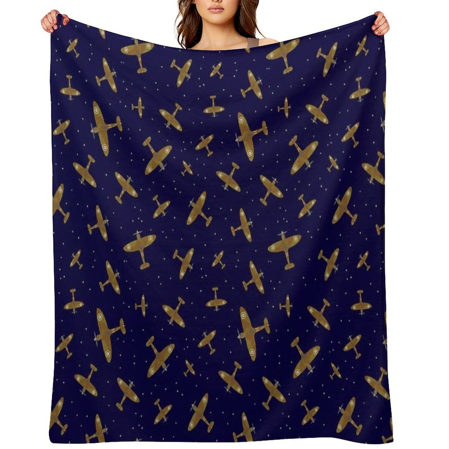 Spitfire War Planes in Flight on Navy Blue Throw Blanket