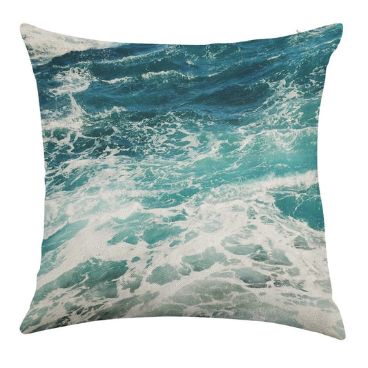 Blue Ocean Waves Linen Throw Pillow Cover