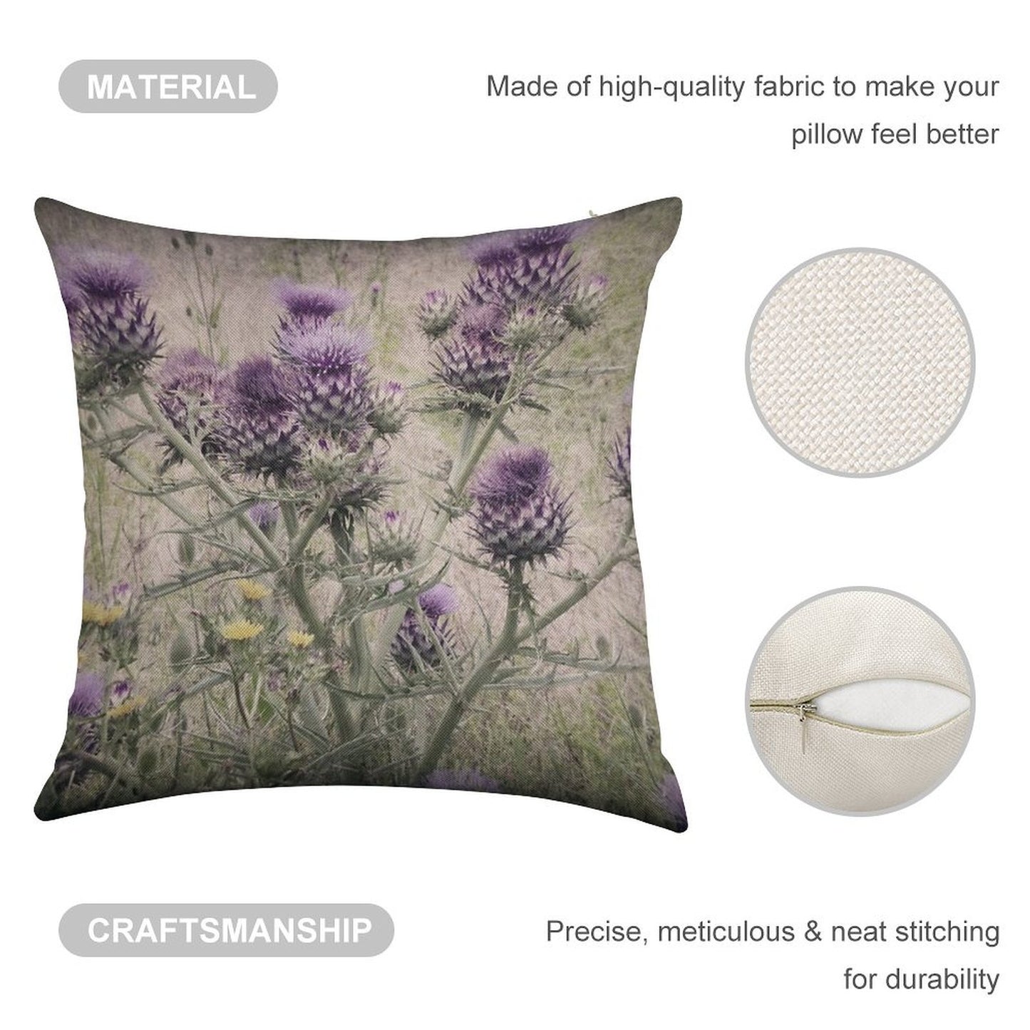 Purple Thistle Flowers with Yellow Daisies. Linen Throw Pillow Cover