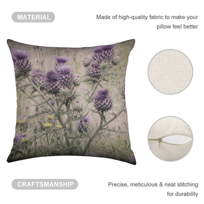 Purple Thistle Flowers with Yellow Daisies. Linen Throw Pillow Cover