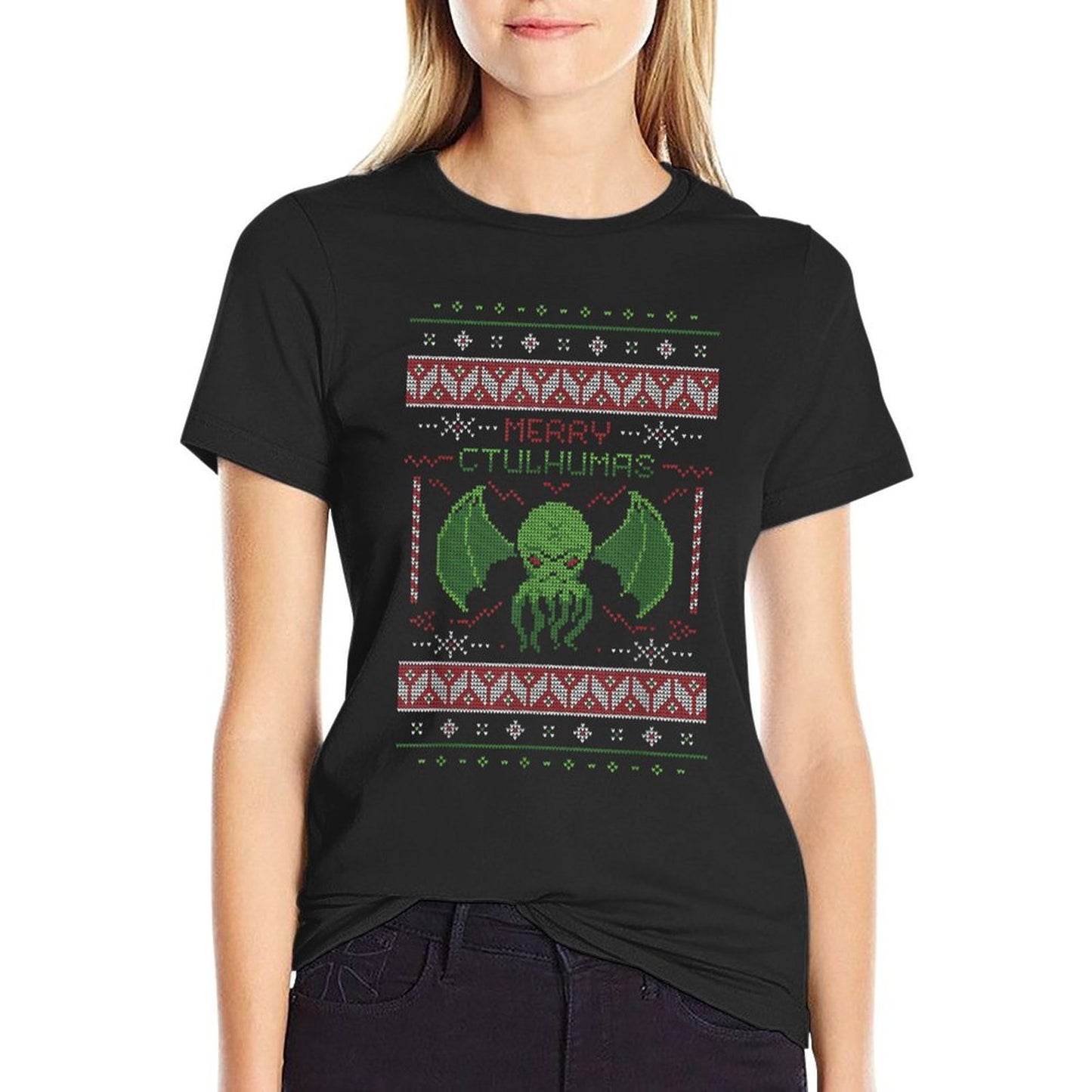 Merry Cthulhumas! Ugly Christmas Sweater Cthulhu  Ribbed Collar T-Shirt