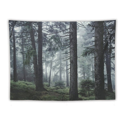 Path Vibes  Wild Romantic Misty Retro Fall Wilderness Fairytale Forest With Cascadia Trees Covered In Magic Blue Fog Season Tapestry