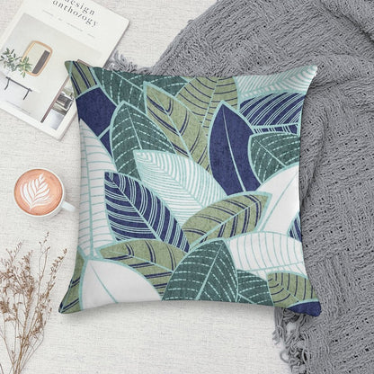 Leaf Wall  Navy Blue Pine And Sage Green Leaves Mint Lines Soft Gift Ready Throw Pillow