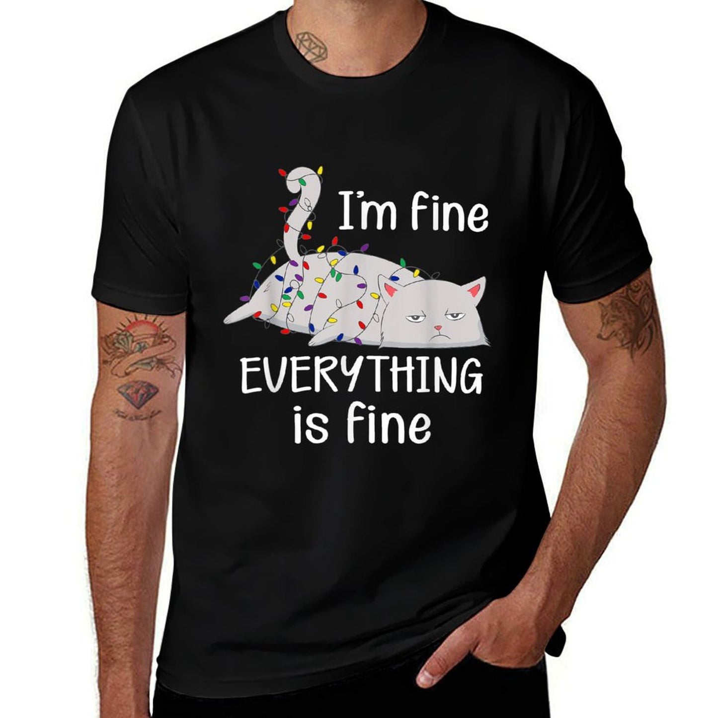 Im Fine Everything Is Fine Christmas Lights Funny Cat Lover  Durable T-Shirt