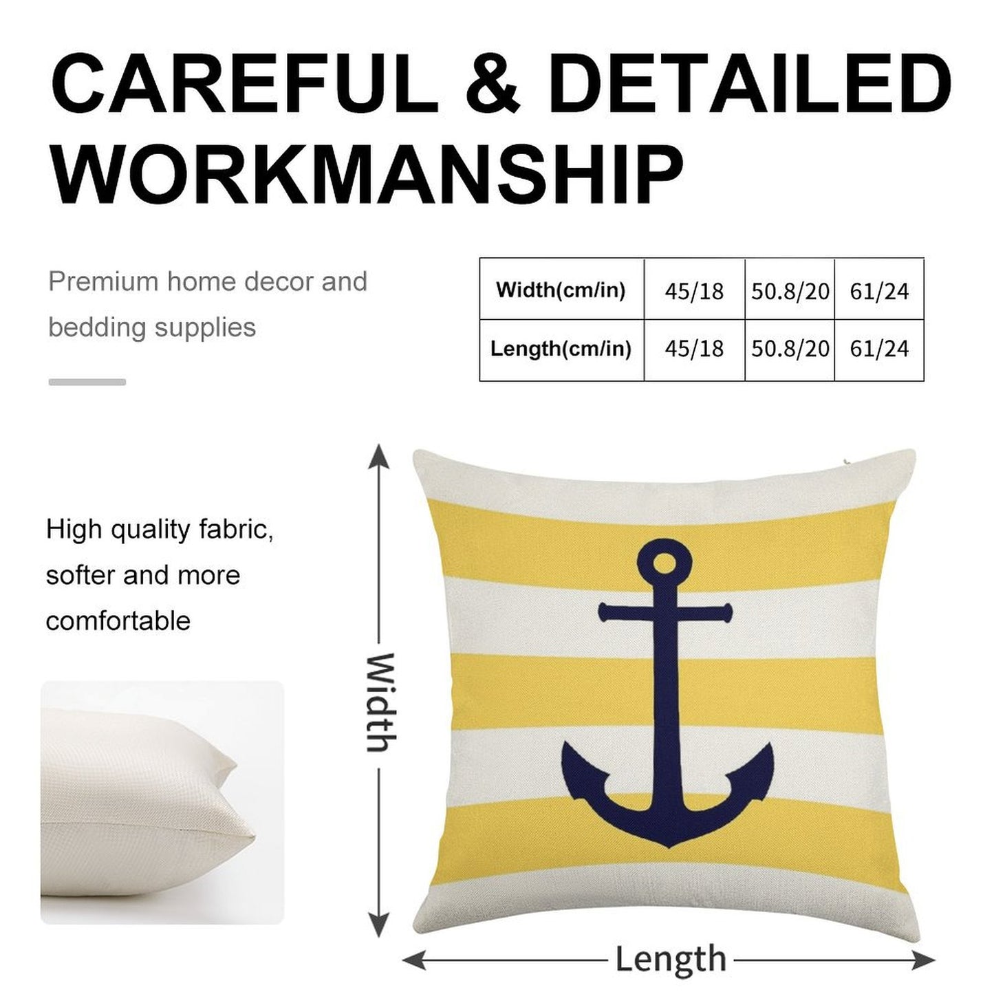 Nautical Navy Blue Anchor On Mustard Yellow Stripes Linen Throw Pillow Cover