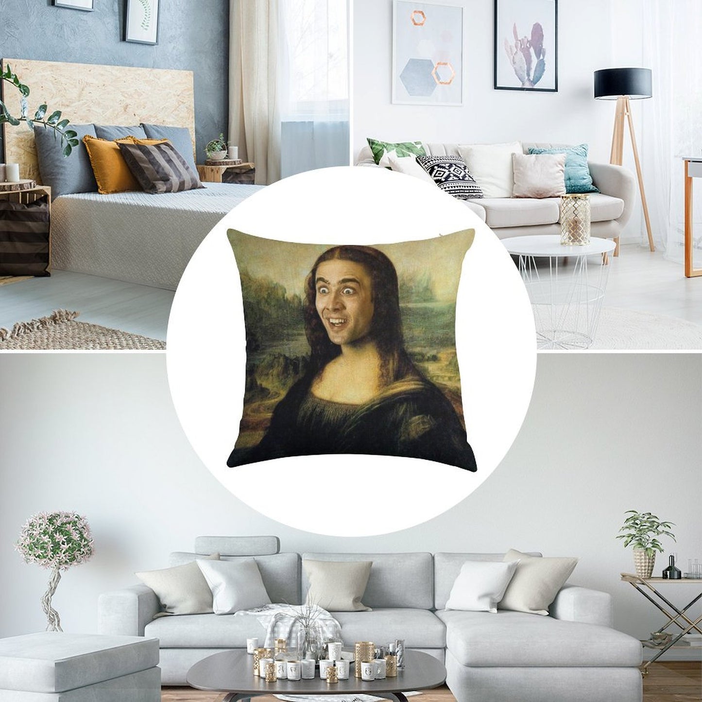 Nicolas Cage As The Mona Lisa Linen Throw Pillow Cover