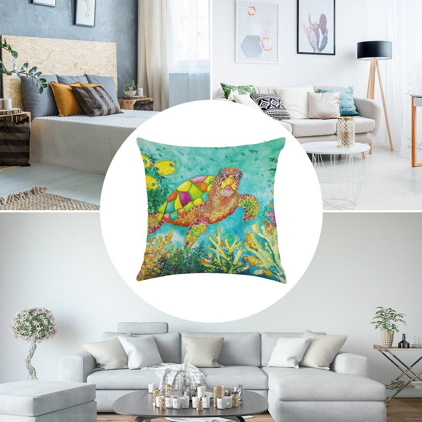 Colorful Watercolor Sea Turtle Linen Throw Pillow Cover