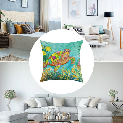 Colorful Watercolor Sea Turtle Linen Throw Pillow Cover