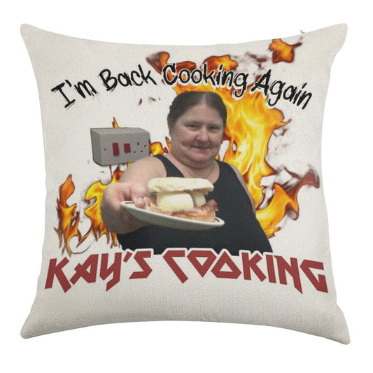 Kay's Cooking - I'm Back Cooking Again Linen Throw Pillow Cover