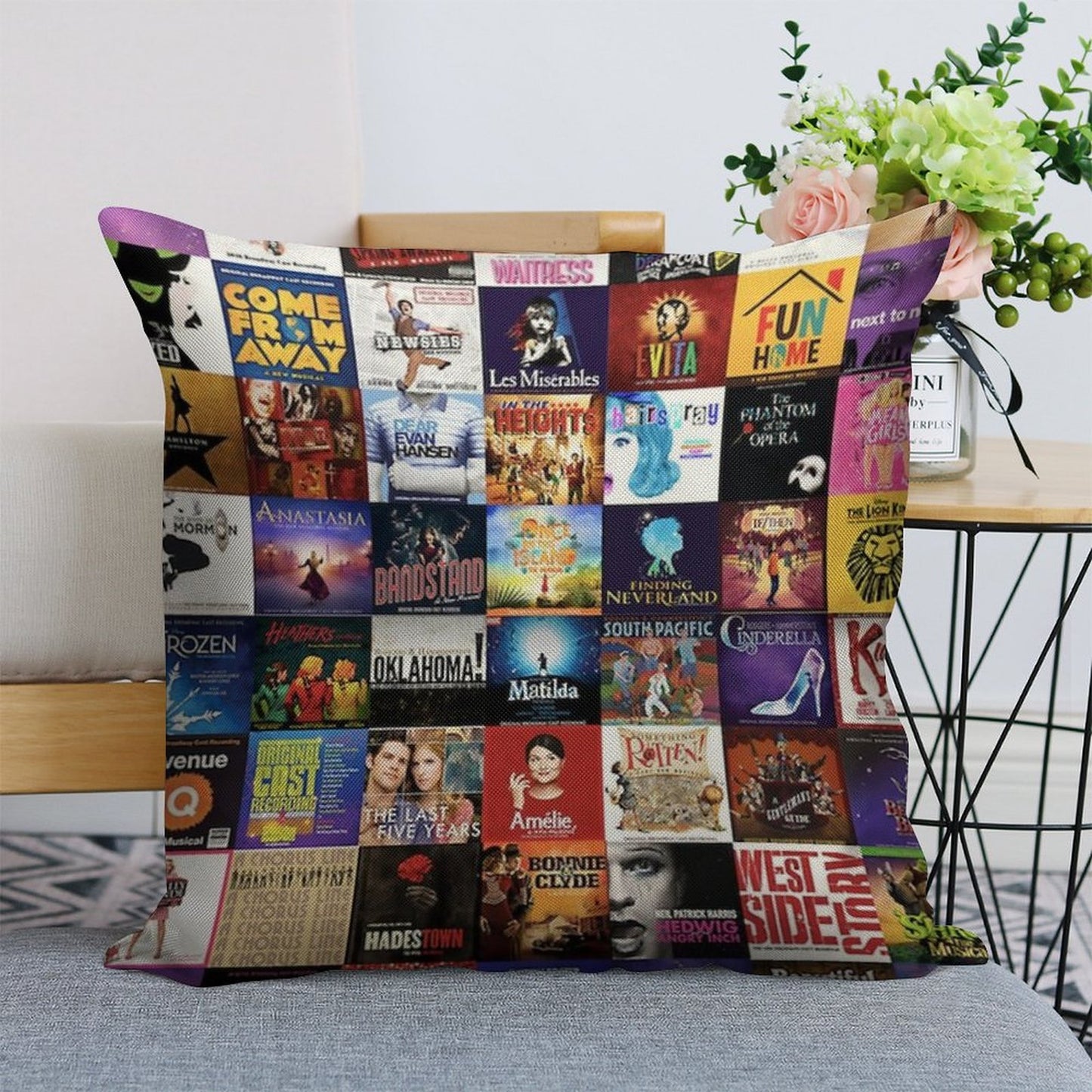 Musicals Collage Linen Throw Pillow Cover