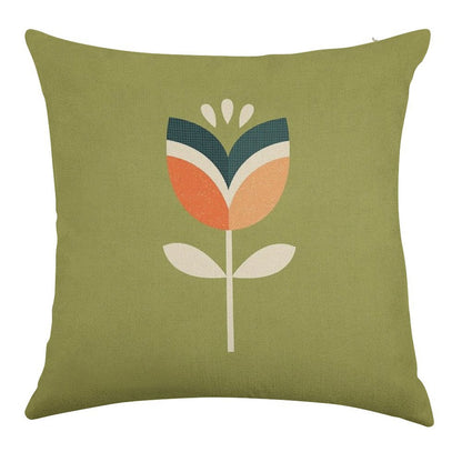 Retro Tulip - Orange And Olive Green Linen Throw Pillow Cover