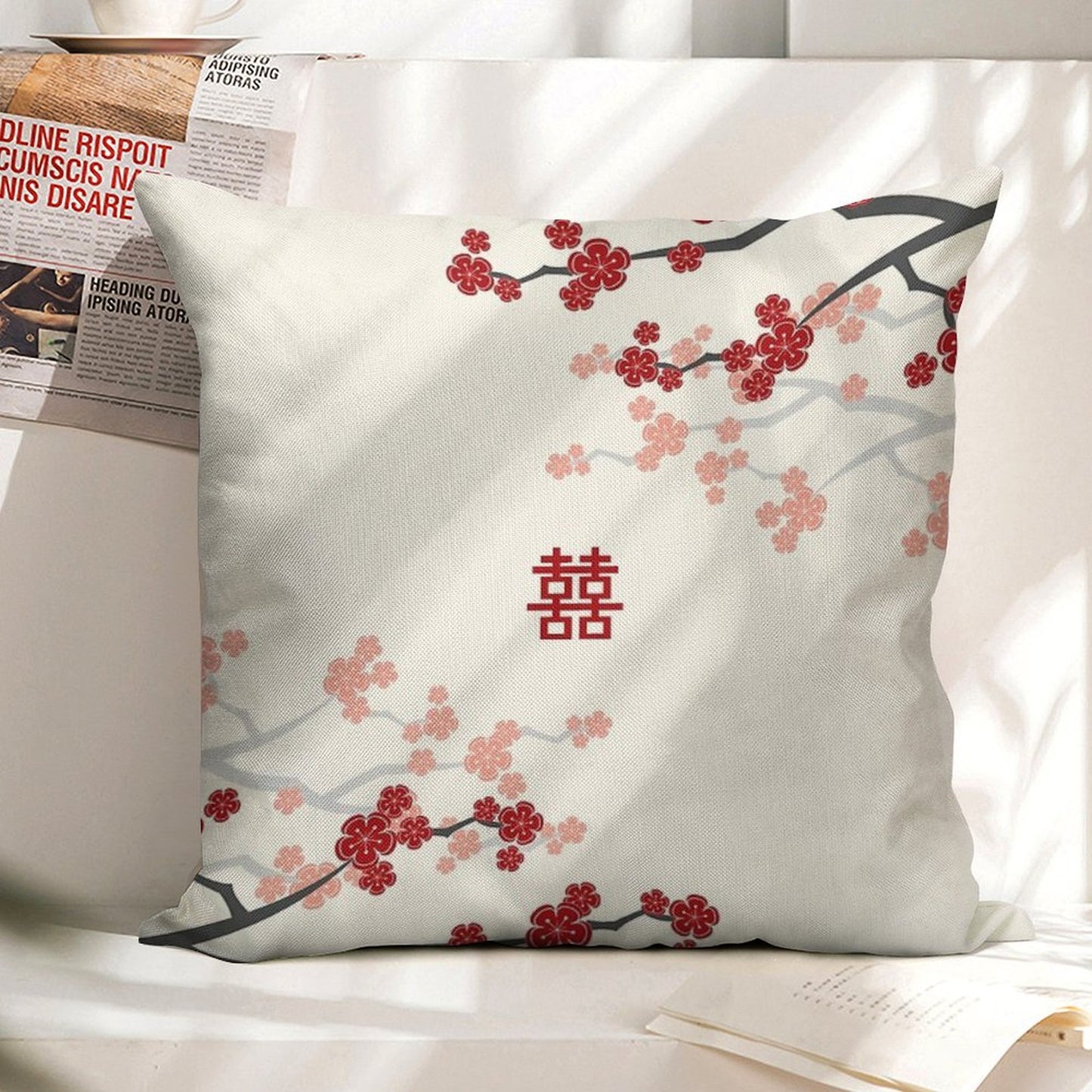 Red Oriental Cherry Blossoms on Ivory And Chinese Wedding Double Happiness  Japanese Sakura © Fatfatin Linen Throw Pillow Cover