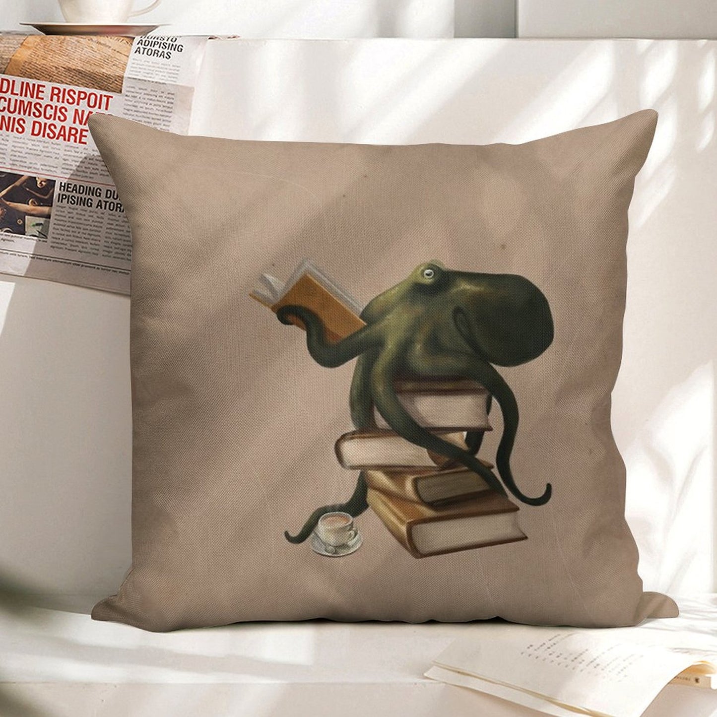 Well-Read Octopus Linen Throw Pillow Cover