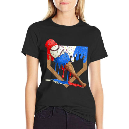 4th of July Red White And Blue Baseball Ice Cream Drip Boys  Oversized Silhouette T-Shirt