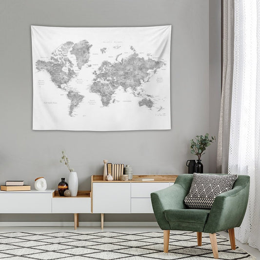 Grayscale Watercolor World Map with Cities Tapestry