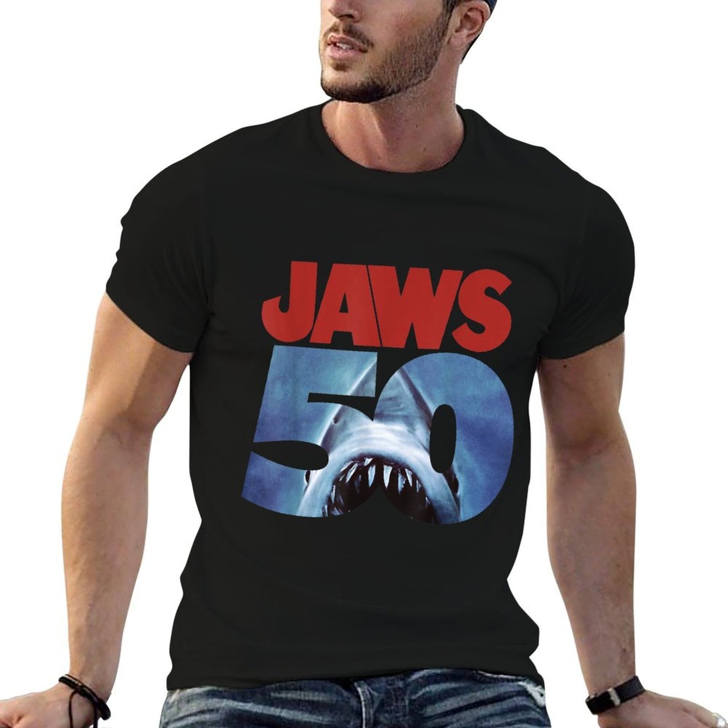 Jaws 50th Anniversary Logo Front & Back  Cotton T-Shirt