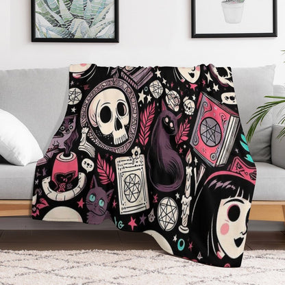 Neo-Gothic Wicca Skulls, Cats, And Ancient Spellbooks in An Intricate Pattern Throw Blanket