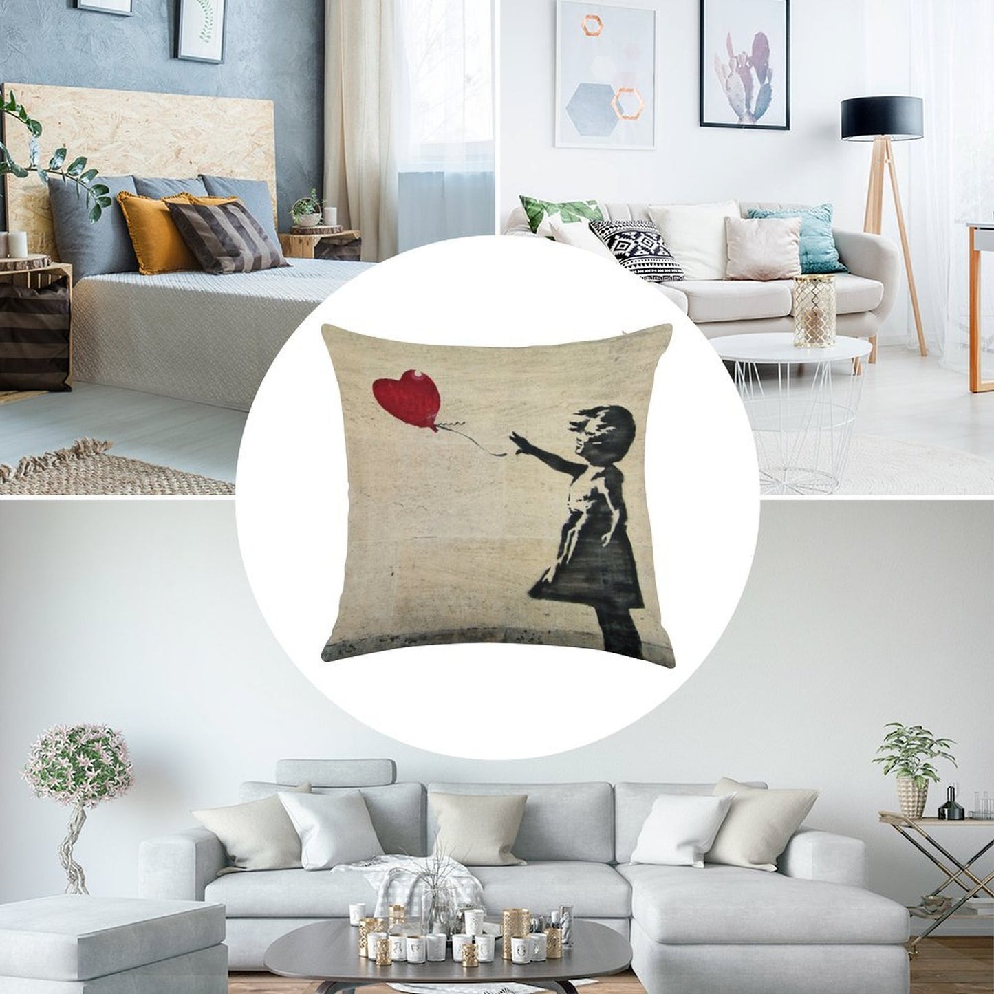 Banksy's Girl with A Red Balloon III Linen Throw Pillow Cover