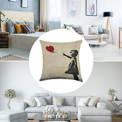 Banksy's Girl with A Red Balloon III Linen Throw Pillow Cover