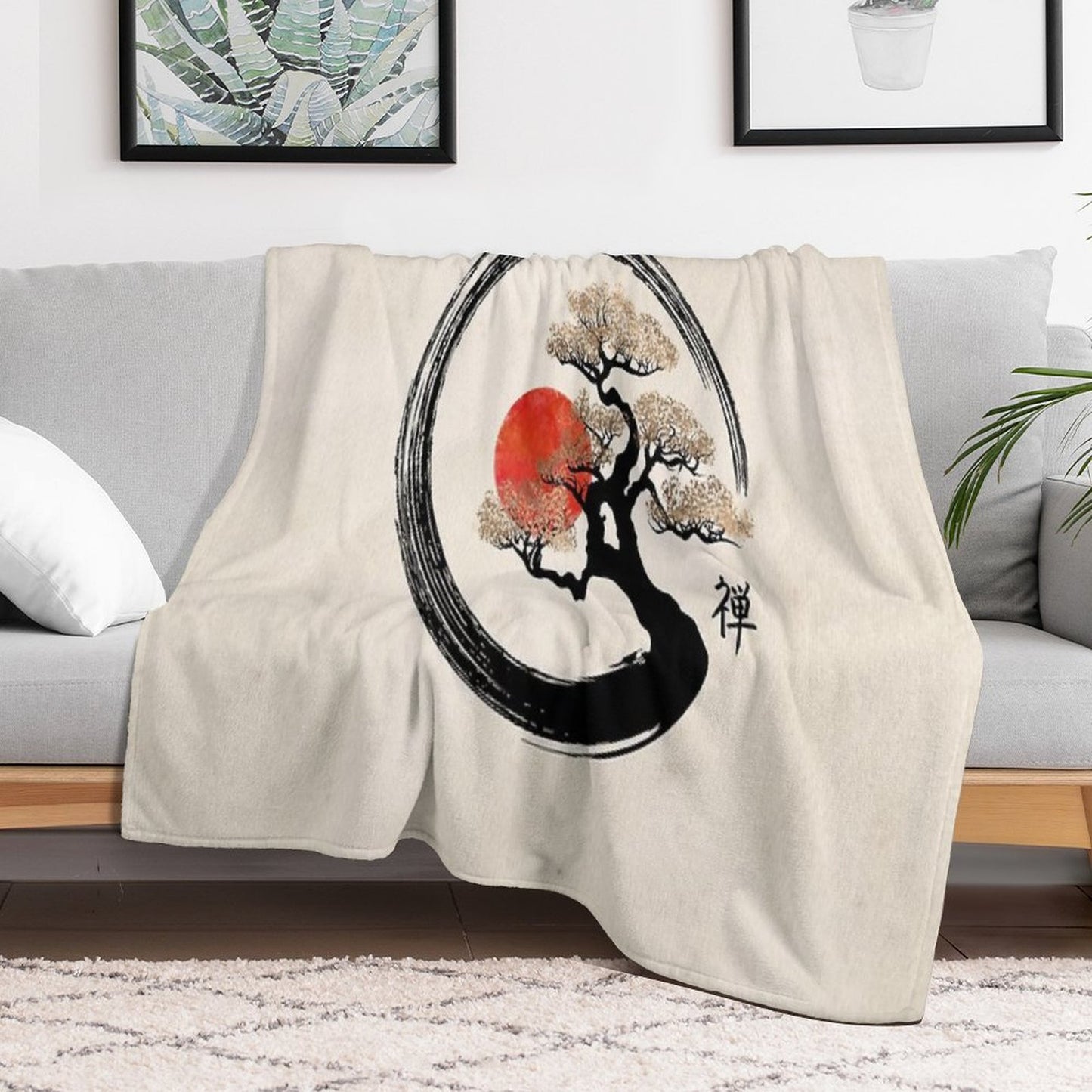 Enso Circle And Bonsai Tree on Canvas Throw Blanket
