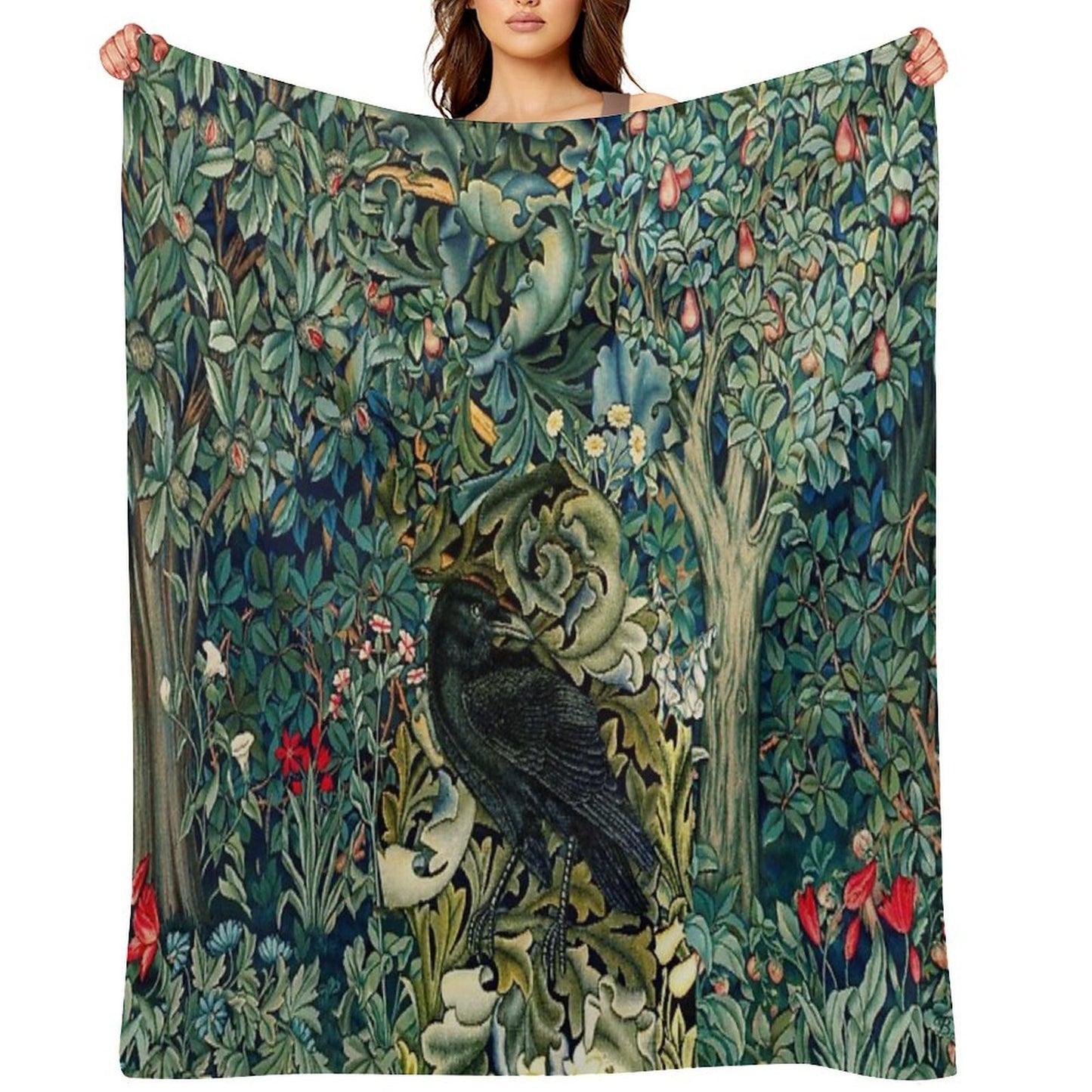 GREENERY, FOREST ANIMALS ,RAVEN ON ACANTHUS LEAVES Blue Green Floral Throw Blanket