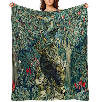 GREENERY, FOREST ANIMALS ,RAVEN ON ACANTHUS LEAVES Blue Green Floral Throw Blanket