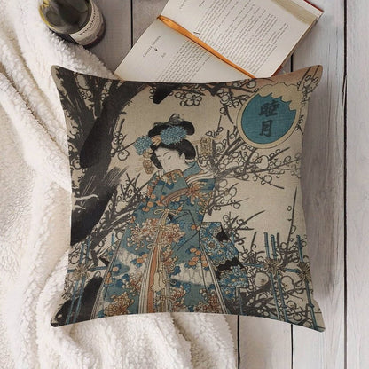Classic Vintage Ukiyo-e Japanese Art Geisha Portrait Linen Throw Pillow Cover