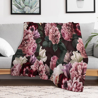 Vintage Bouquets of Pink Lush Peonies, Purple Tulips, Roses And Dark Red Anemones. Throw Blanket