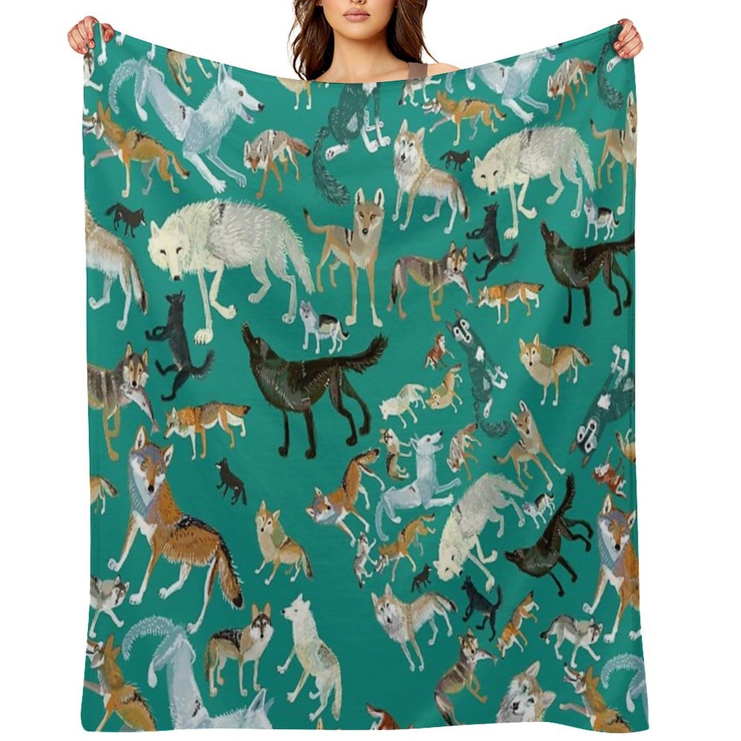 Wolves of The World (Green Pattern) Throw Blanket