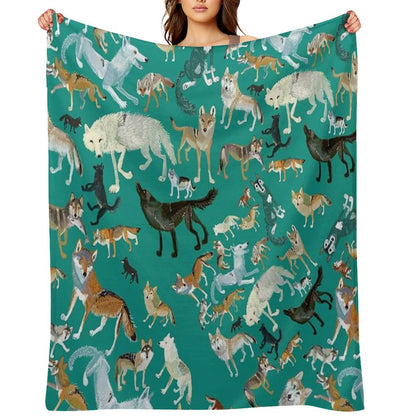 Wolves of The World (Green Pattern) Throw Blanket