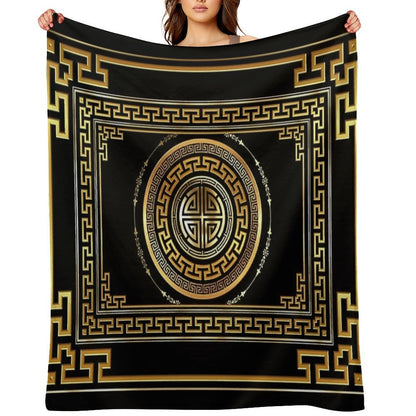 Greek Key Meander Black Gold Large Throw Blanket
