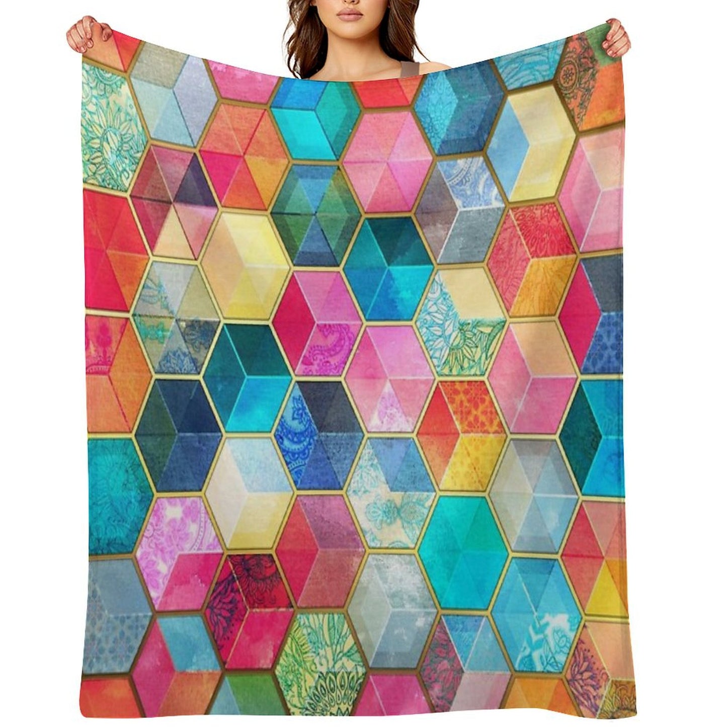 Crystal Bohemian Honeycomb Cubes - Colorful Hexagon Pattern Throw Blanket