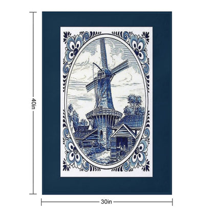DUTCH BLUE DELFT  Vintage Windmill  Print Throw Blanket