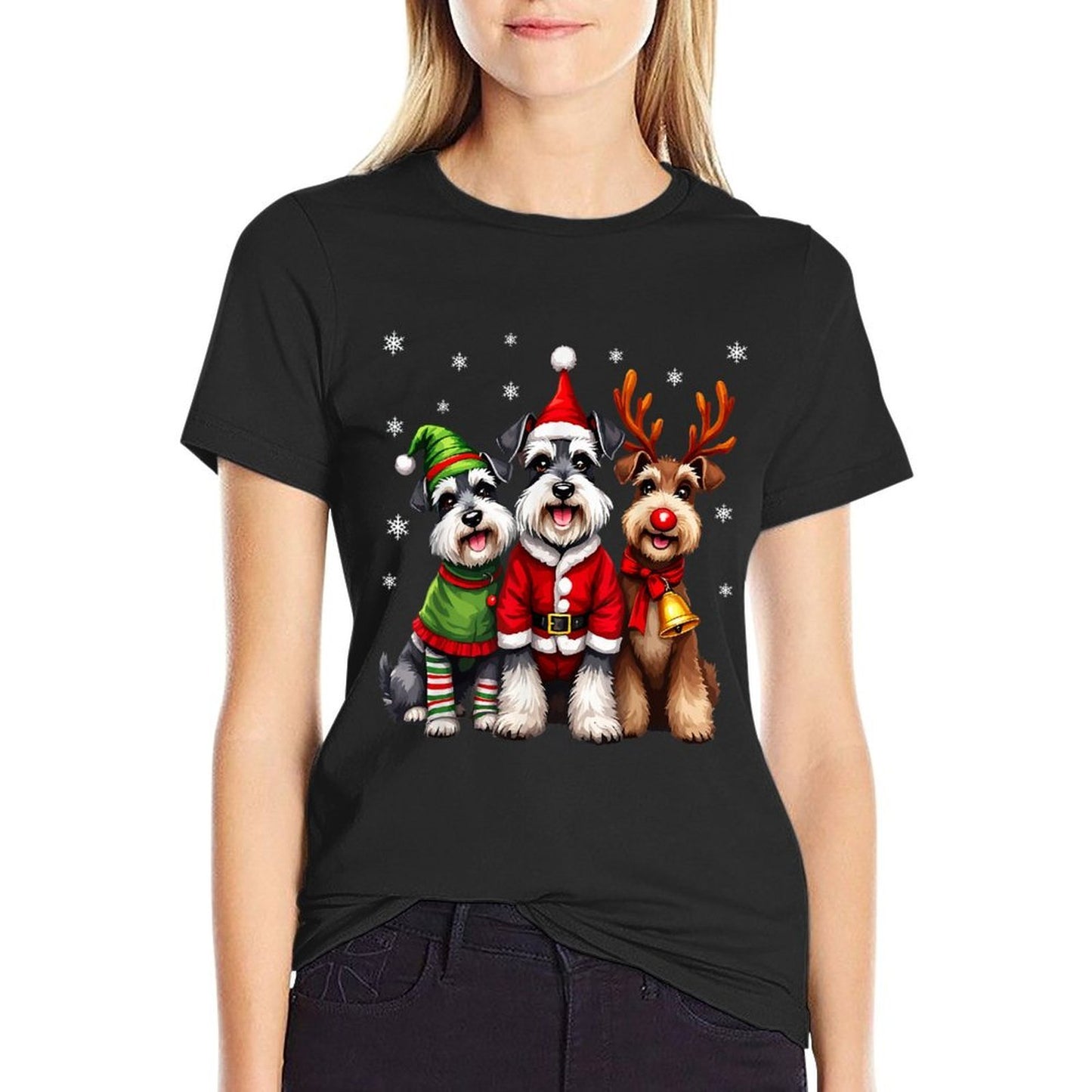 Miniature Schnauzer Christmas Dogs Funny Santa Reindeer Elf  Easy-care T-Shirt