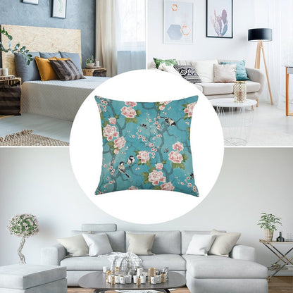 Chinoiserie Birds in Turquoise Blue Linen Throw Pillow Cover