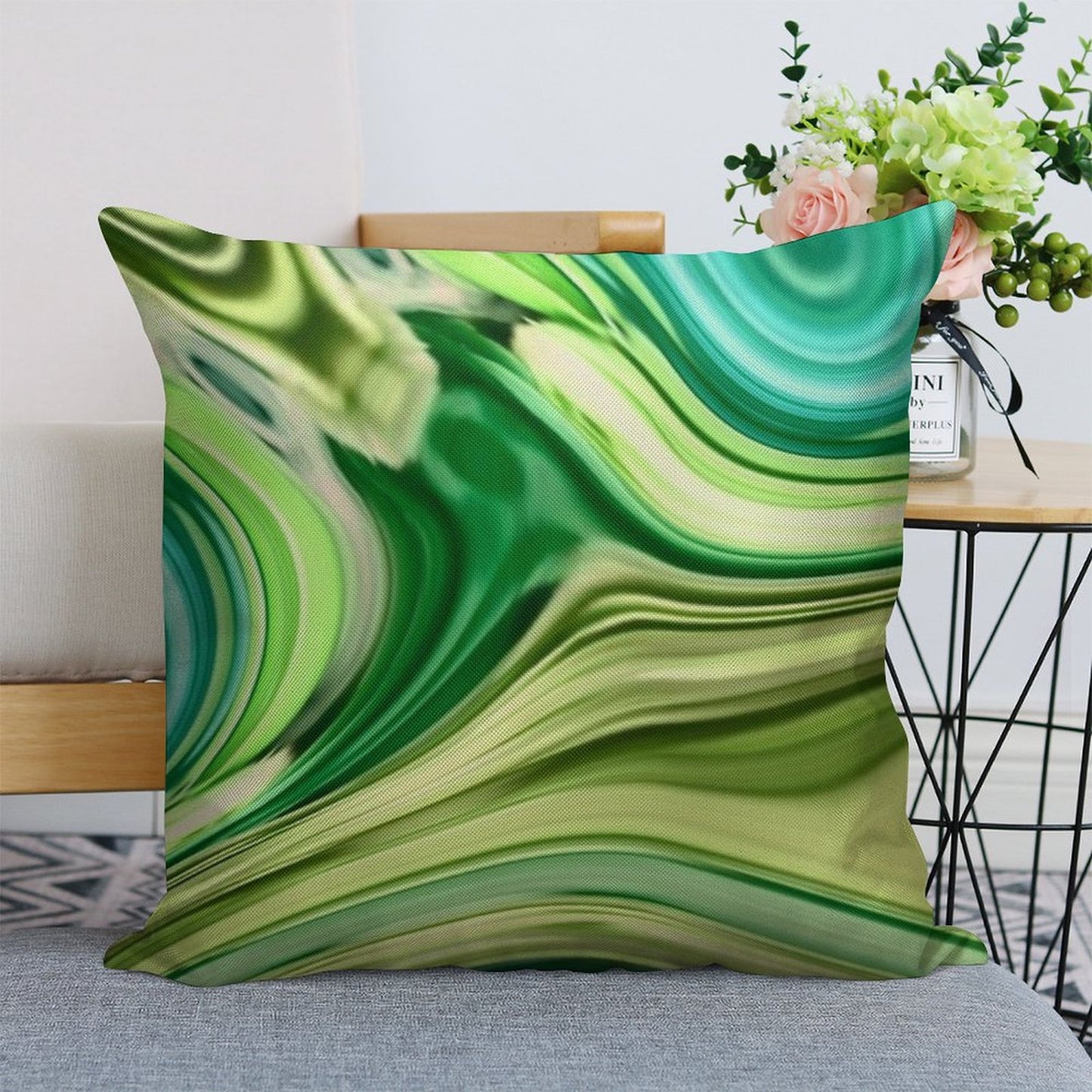 1980s Modern Abstract Turquoise Lime Green Marble Swirls Linen Throw Pillow Cover