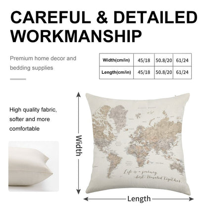 Life Is A Jouney Best Travelled Together, World Map, Abey Linen Throw Pillow Cover