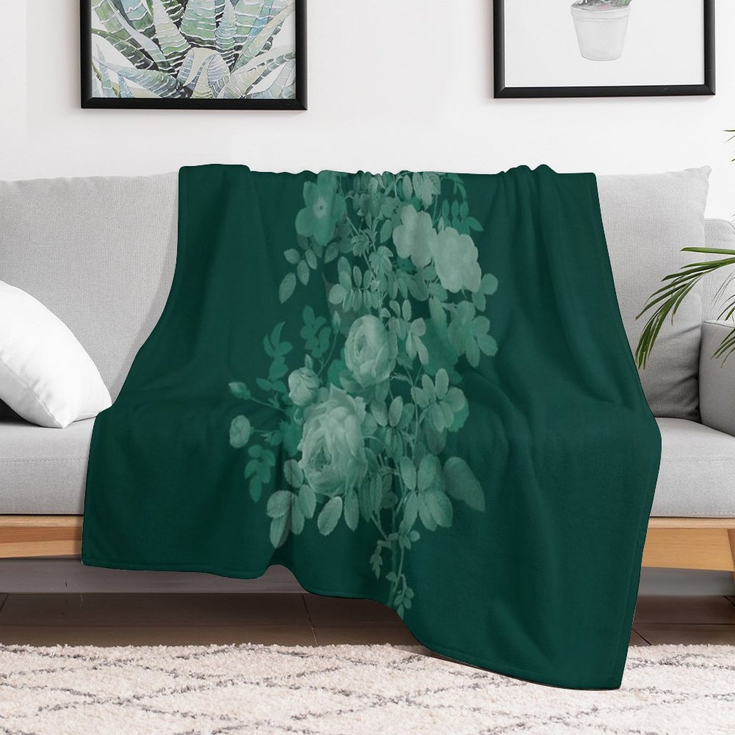 Dark Green Floral Collage, Bottle Green Monochrome Roses Bouquet Throw Blanket